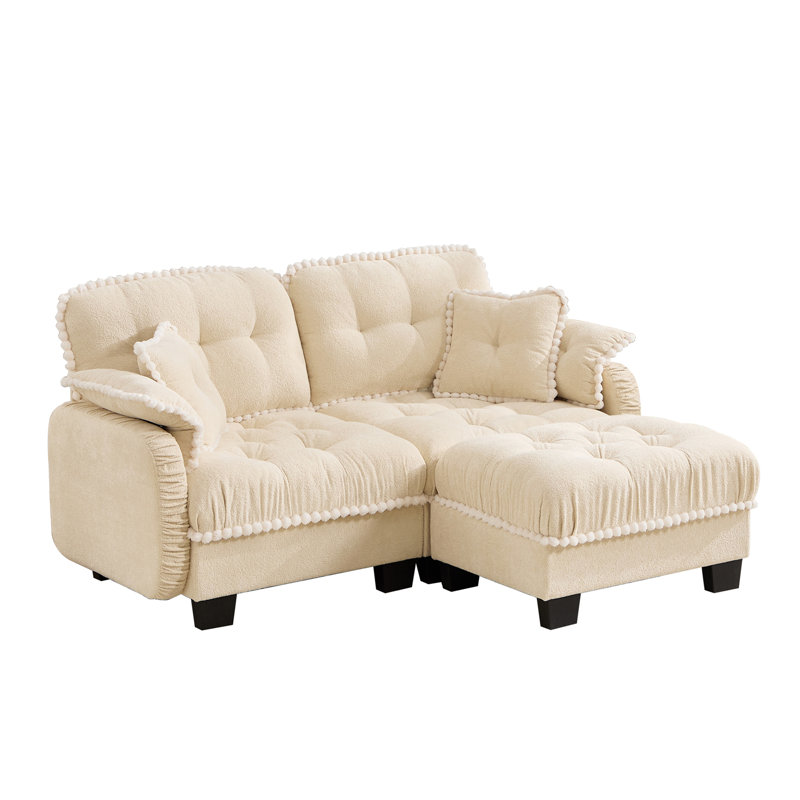 Canapé en L Chenille avec 4 coussins en forme de L, repose-pieds mobile et garniture capitonnée matelassée à conception ergonomique, canapé à assise profonde facile à assembler pour le bureau du salon, appartement, beige crème