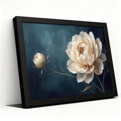 Pivoine blanche et bouton avec détails dorés, tableau sur toile bleu sarcelle foncé