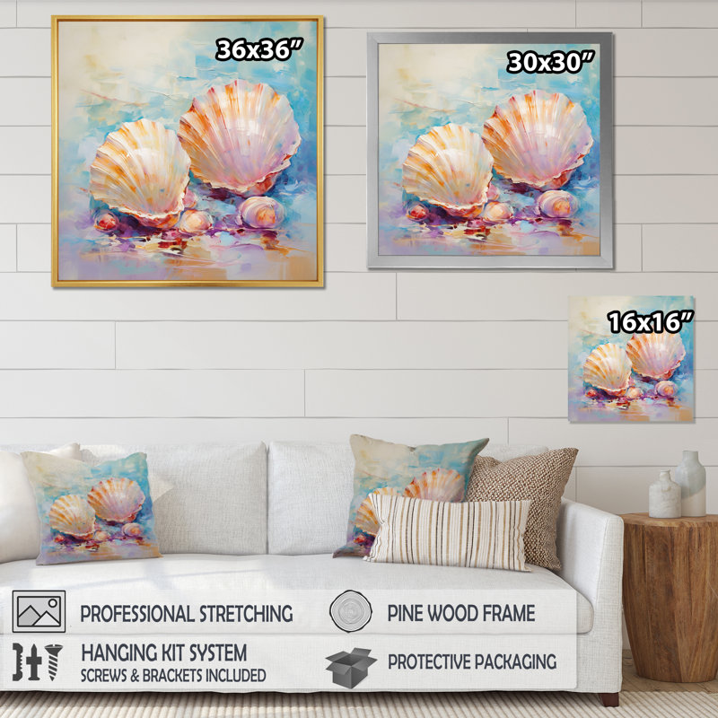 White Impressionist Seashells II - Animals Canvas Print, Cadre flottant doré, H 24 po x l 24 po x P 1 po