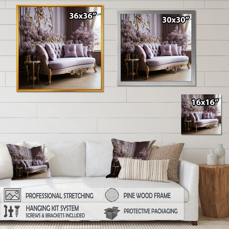 Canapé lilas orné d'accents dorés I - lilas, art mural large, H 16 po x l 16 po x P 1 po, Toile tendue