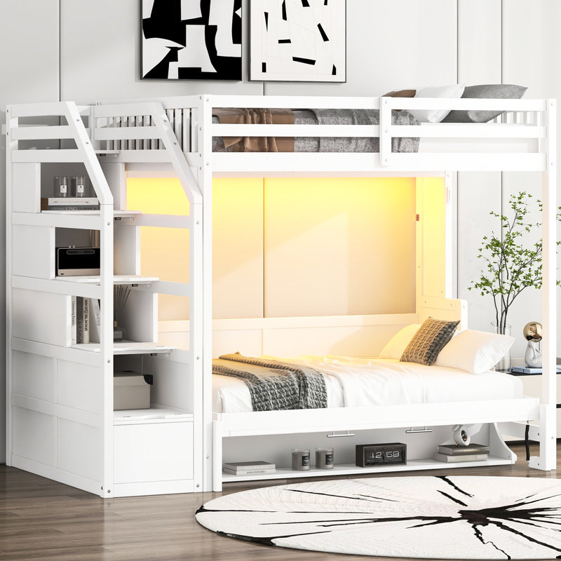 Full Xl White Loft Bed With Functional Storage Staircase, Bed, Led , And Pine & Structure Featuring Foldable High - Capacity