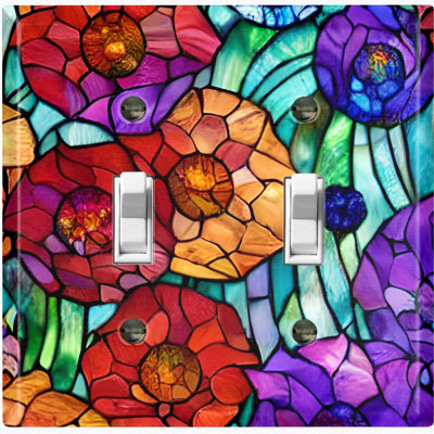 Metal Light Switch Plate Outlet Cover (Colorful Flower Tile Glass Print - Double Toggle)