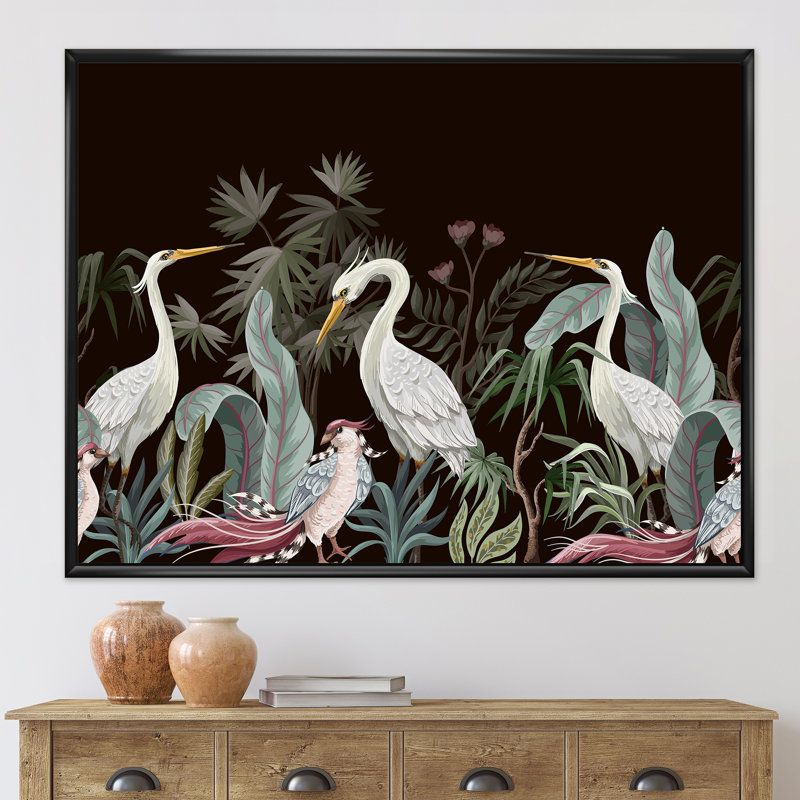 Chinoiserie avec oiseaux et pivoines III - peinture sur toile, H 30 po x l 40 po x 1,5 po, Cadre flottant noir