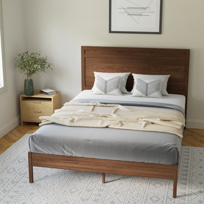 Eymen Modern Solid Wood Platform Bed with Headboard and Wooden Slats