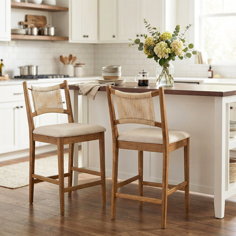 Tabouret de comptoir rembourré Viren, Siège beige / corde beige et structure en noyer, 2
