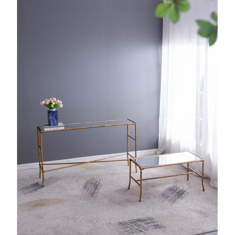 56.5X14x30" Antique Gold Console Table, Mirrored Top