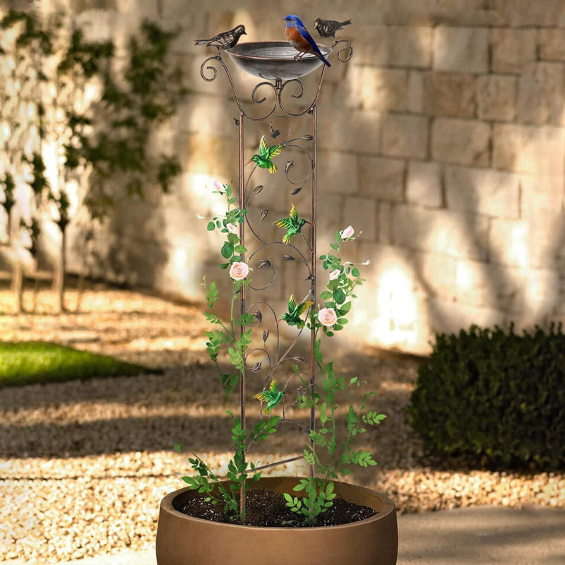 Vintage Garden Trellis With Bird Bath Bowl  Decorative Freestanding Plant Support For Climbing Plants And Flowers With Detachable Iron Bowl