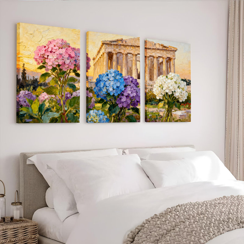 Ensemble de 3 tableaux sur toile tendue représentant des hortensias et un temple antique, H 36 po x l 72 po
