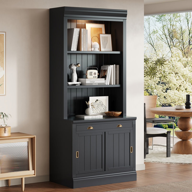 83.4"Tall Bookshelf With LED Lighting,  Bookcase With Sliding Doors And Open Shelves,Storage Bookshelf, Black