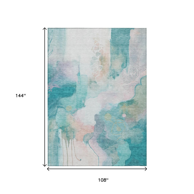 Tapis intérieur/extérieur lavable, abstrait, turquoise, rose poudré et ivoire, 2,74 m x 3,66 m
