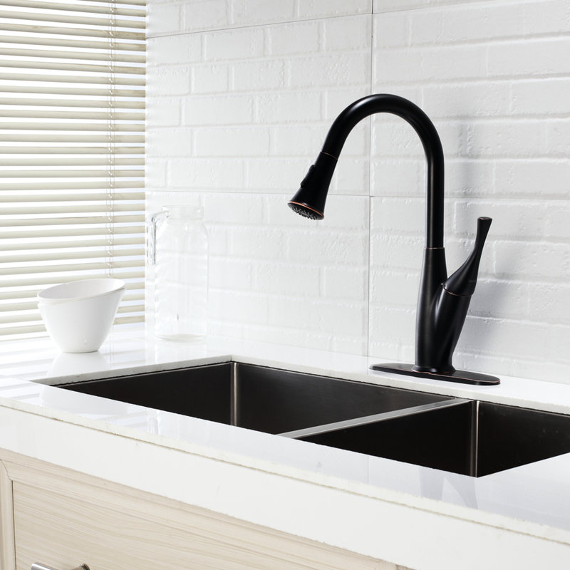 Robinet de cuisine, bronze huilé avec extracteur, complément aux styles, corrosion, poignée simple pour la température et le débit, bec pivotant à 360 degrés, double jet, robinet à installation rapide en bronze,
