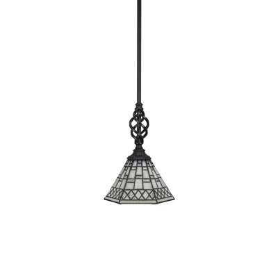 Eleganté Stem Hung Mini Pendant Shown In Matte Black Finish With 7" Pewter Art Glass