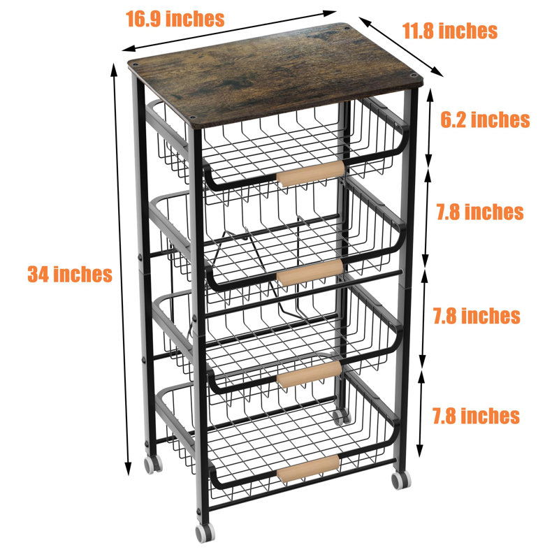Fruit Basket Kitchen Food Organizer and Rack, Stackable Storage Cart with Desktop, Pull-Out Hollow Metal Basket, Sliding Out Storage