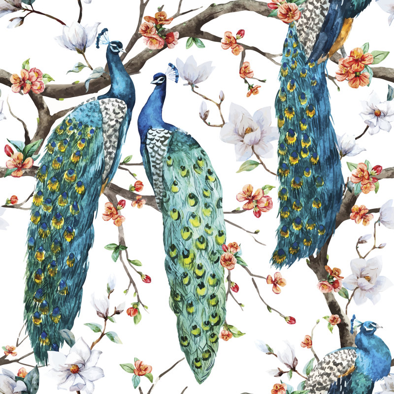 Watercolor Vector Peacock Pattern - Wrapped Canvas Print, 91cm H x 91cm W x 3.8cm D
