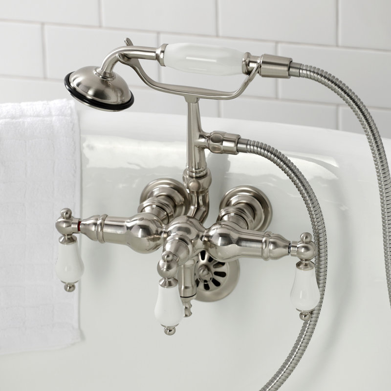 Kingston Brass Vintage Three-Handle 2-Hole Tub Wall Mount Clawfoot Tub Faucet with Hand Shower, Brushed Nickel