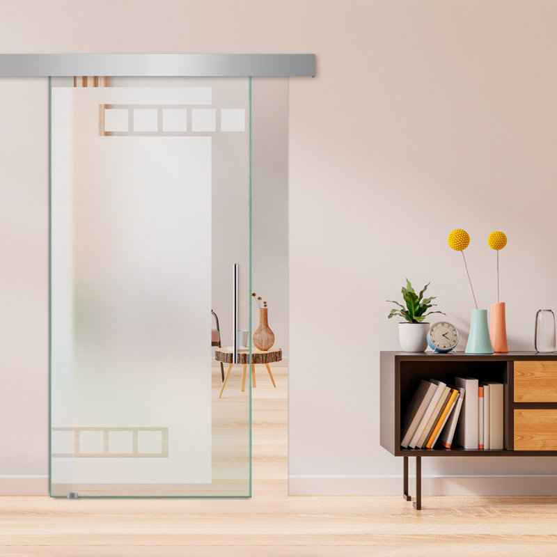 Porte de grange coulissante en verre sans cadre avec design moderne givré + ensemble de quincaillerie (semi-privée)