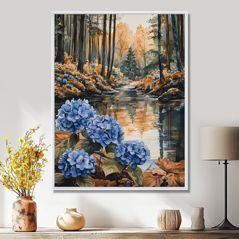 Gitika Hydrangeas By The Forest River I - Hydrangea Wall Art, H 32 po x l 16 po, Reproduction avec cadre flottant, Blanc