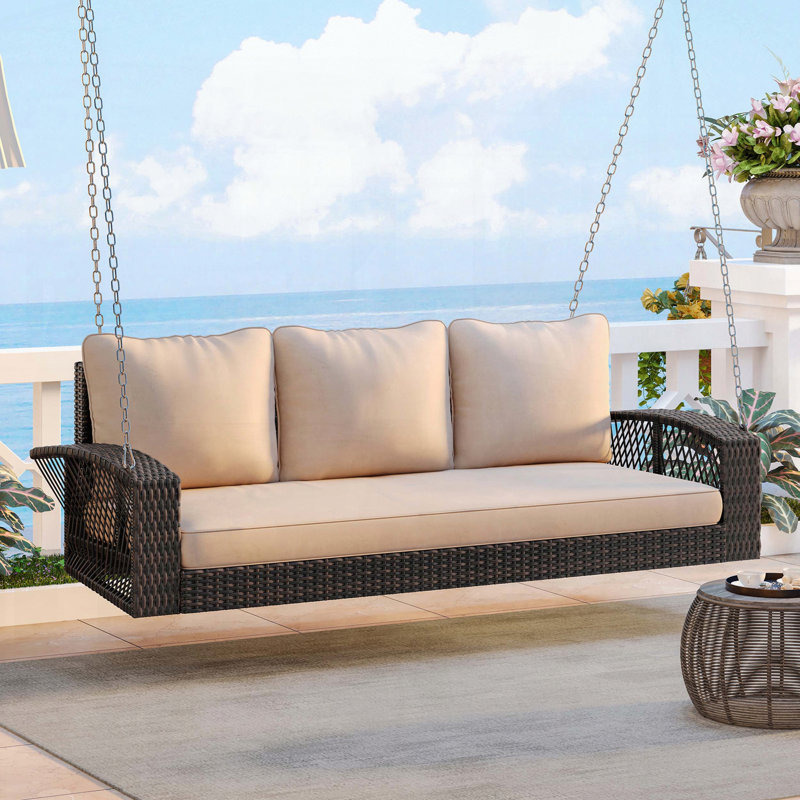 Balancelle en osier PE avec coussins pour 3 personnes PE, Coussin beige, structure noire