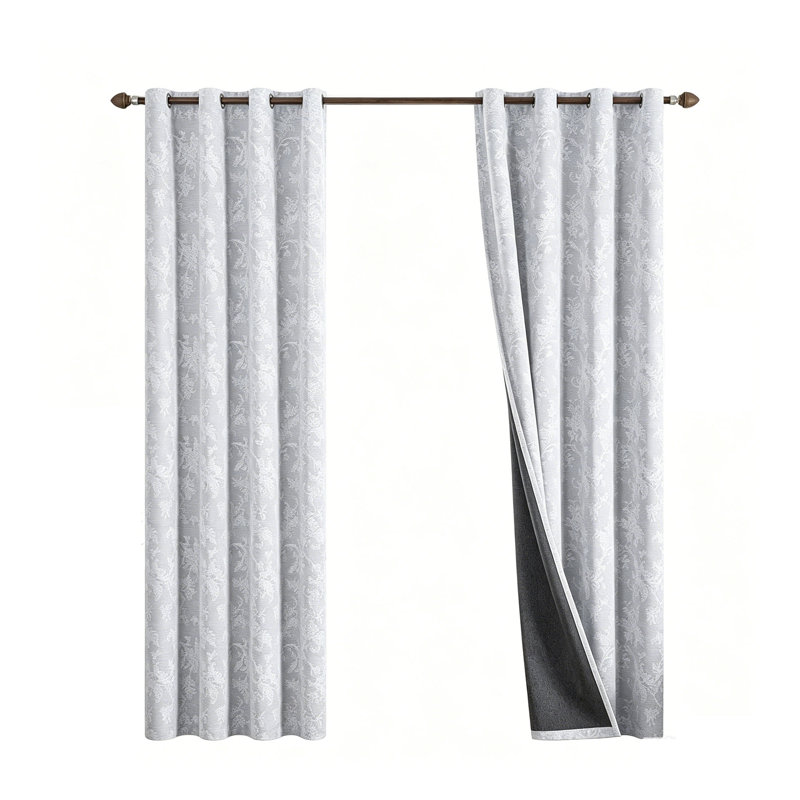 Grey Floral Blackout Curtains 90 inch Scroll Flower Curtains 2 Panels