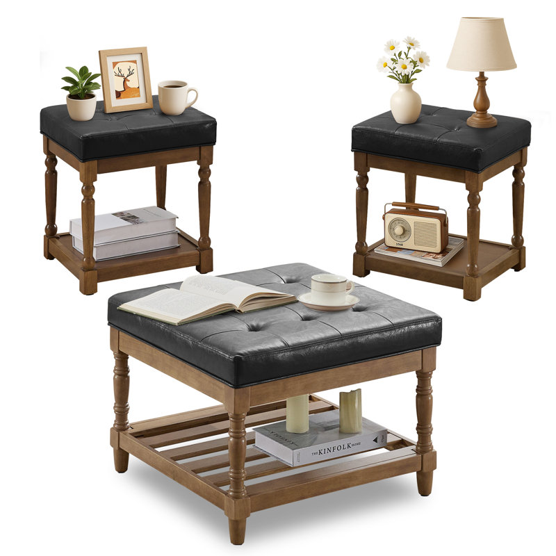 Gladis 3-Piece Faux Leather Coffee Table and End Table Set with Storage, Black Top/Dark Brown Base
