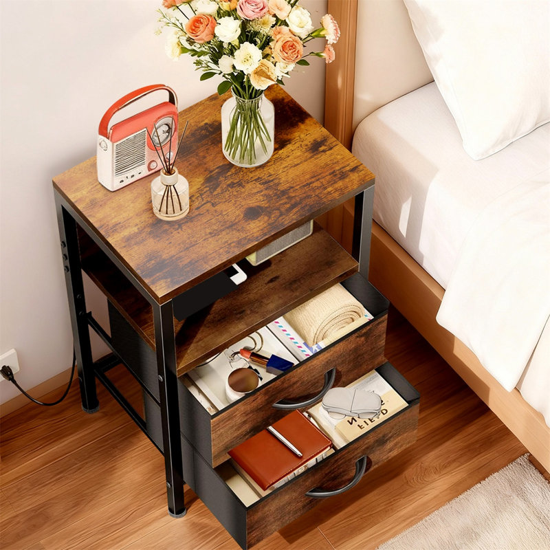 Night Stand With Charger Station, 2 Drawer Nightstand, Bed Side Table With Fabric Dresser End Table For Bedroom, Brown, 1