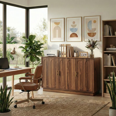 46.6" Modern Farmhouse 3 Door Storage Cabinet, Rustic Brown Sideboard Buffet With Gold Handles, Large Fluted Wood Credenza For Dining Room, Living Room, Coffee Bar