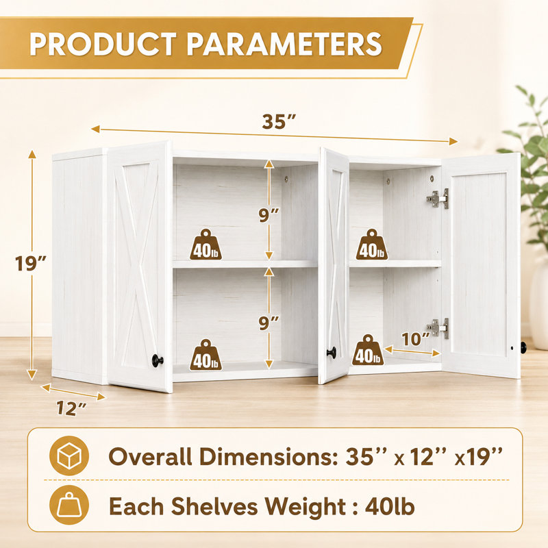 Barn Door Wall Cabinets 35'' W x 19'' H Wall Unit, White