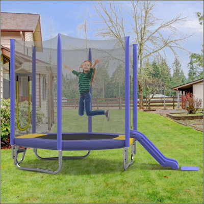 7FT Trampoline For Kids With Safety Enclosure Net, Slide And Ladder, Easy Assembly ,Regular Hexagon Outdoor Recreational Trampoline
