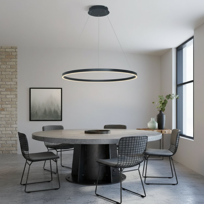 Stockham 1-Light Chandelier Round Circle LED Kitchen Island Pendant Remote Dimming, Matte Black, 3.5" H x 32" W x 32" D