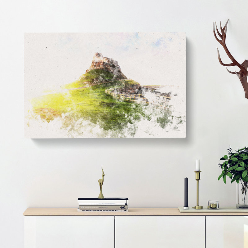 Holy Island Lindisfarne Watercolour - Wrapped Canvas, 60cm H x 91cm W x 3cm D