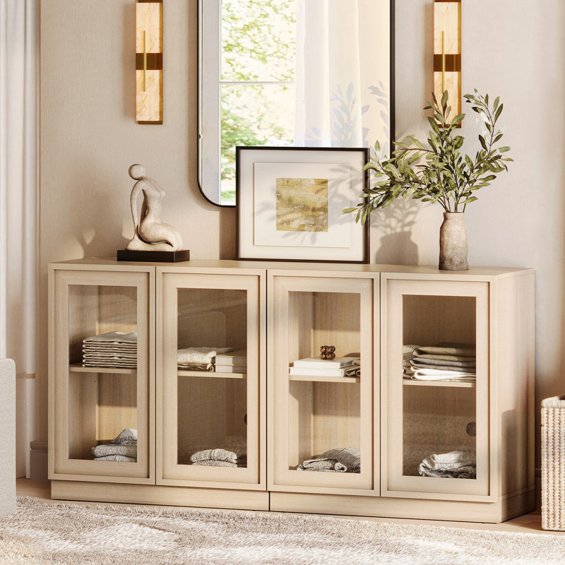 Armoire d'appoint moderne avec 4 portes en verre, commode d'appoint multifonctionnelle avec grand rangement et tablette réglable