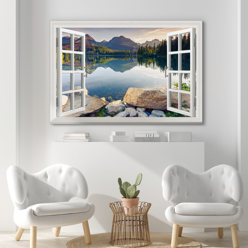 Window Scenery "Aesthetic Green Peaceful Lake Artwork, Natural Landscape Photograph Wall Pictures, Large Framed Canvas Giclee Print Wall Art"