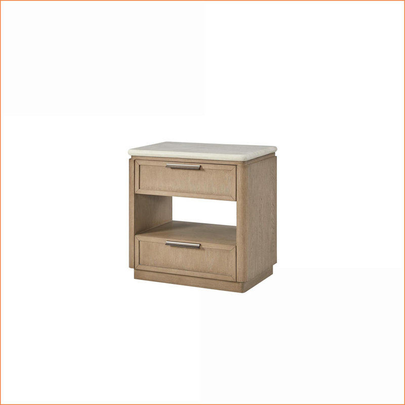 Table de chevet 2 tiroirs avec façades en corde, placage de chêne et amp; Port USB