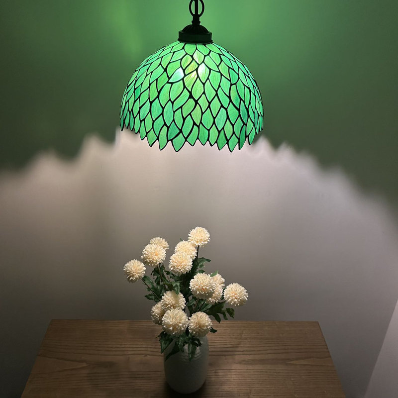 Green Stained Glass Leaves LED Pendant Light with Bronze Finish