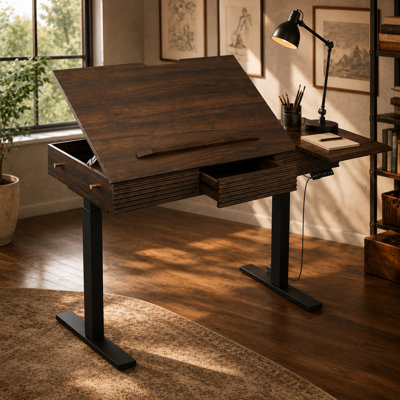 Bureau électrique réglable 47,2 "avec surface de dessin inclinable, 3 préréglages de hauteur mémoire, rangement caché et poste de travail latéral extensible