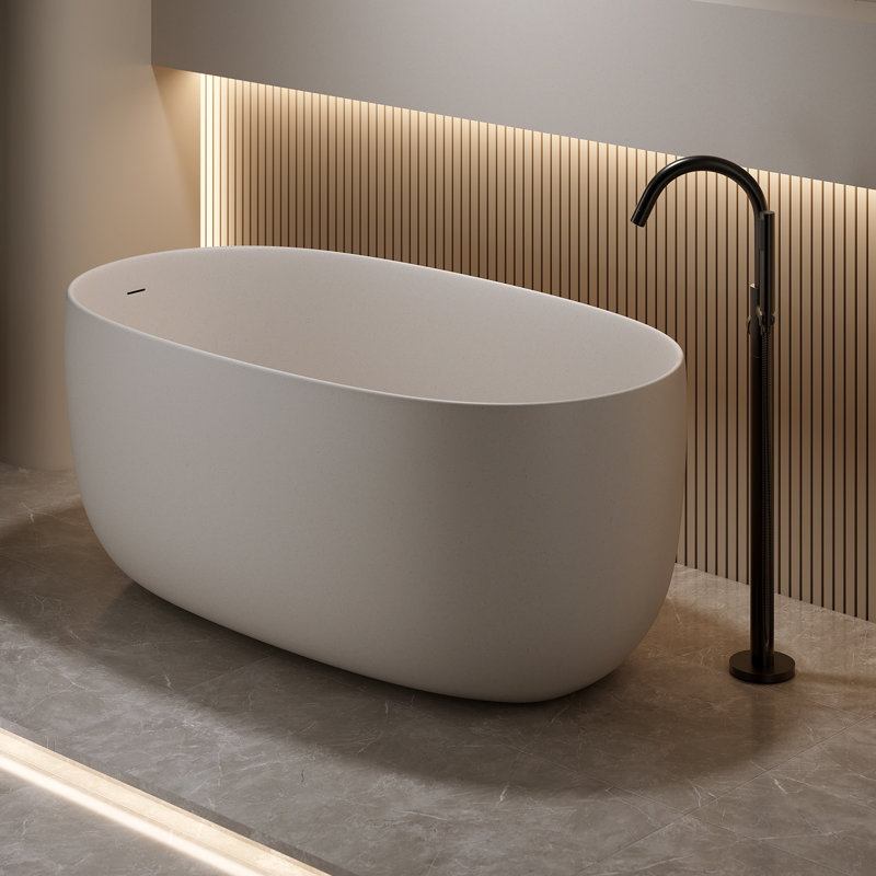 Freestanding Soaking Bathtub 47", Solid Surface Stone Resin, Modern Matte White W/overflow & Pop-up Drain, Beige