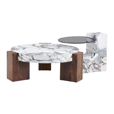 Ensemble de 2 tables basses rondes gigognes avec table principale en MDF effet marbre et table d'appoint en verre foncé, table basse moderne et multifonctionnelle pour salon, chambre et café.