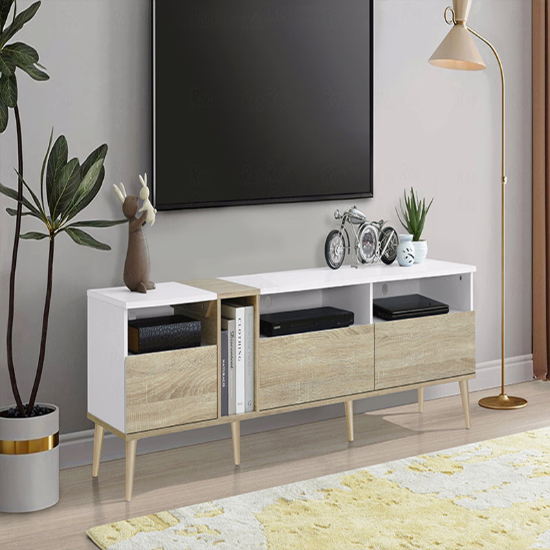Console multimédia moderne avec 3 tiroirs et tablettes ouvertes - Meuble télé 80 po