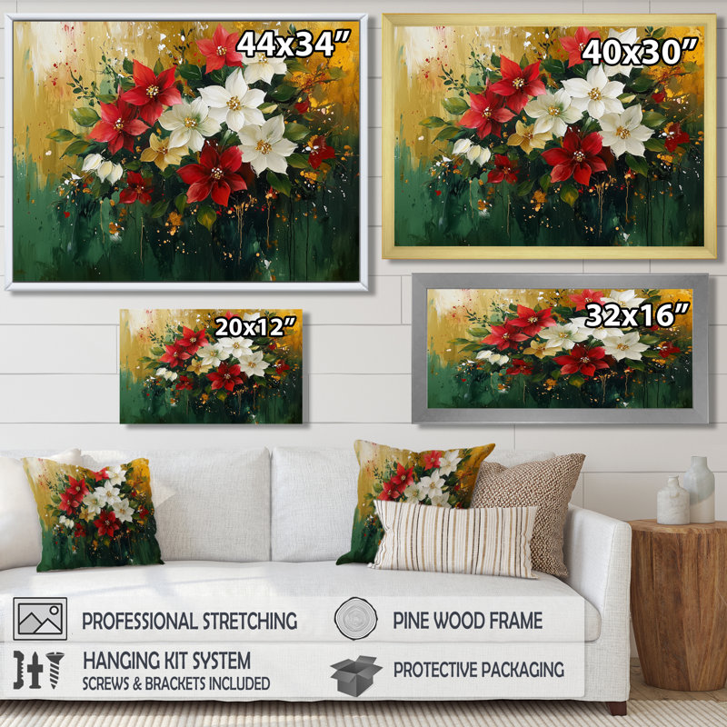 Été, couronne dorée de poinsettias II - art mural poinsettias, H 30 po x l 40 po, Cadre flottant brun