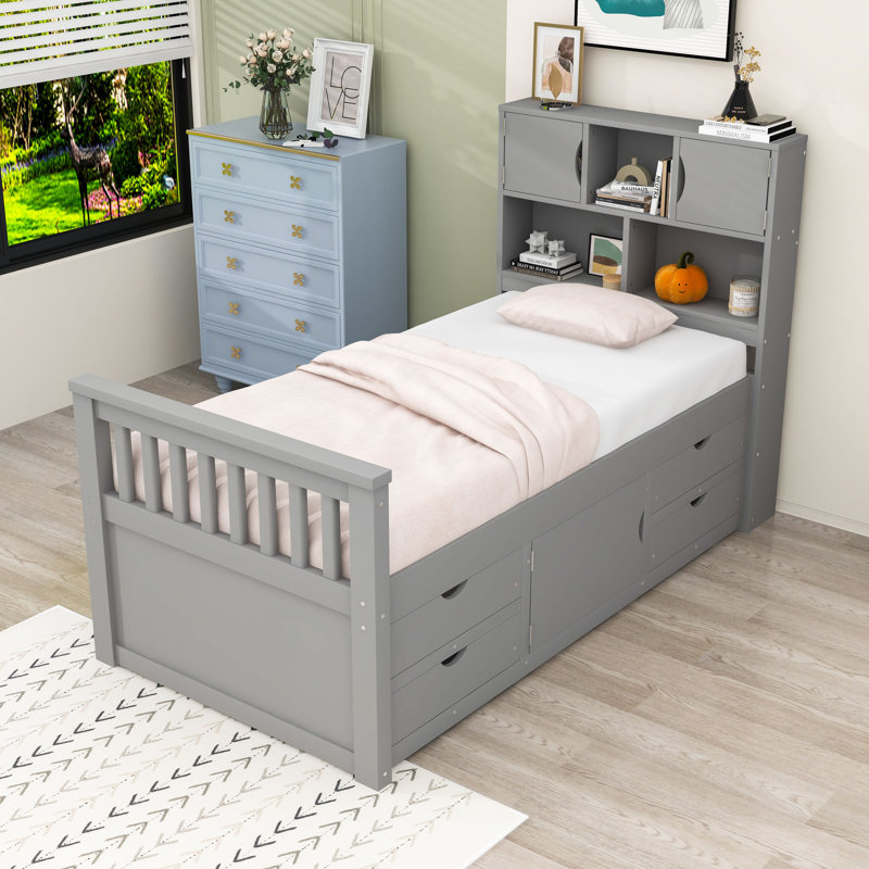 Lit plateforme 4 tiroirs avec tête de lit, tablettes et pied de lit, Gris