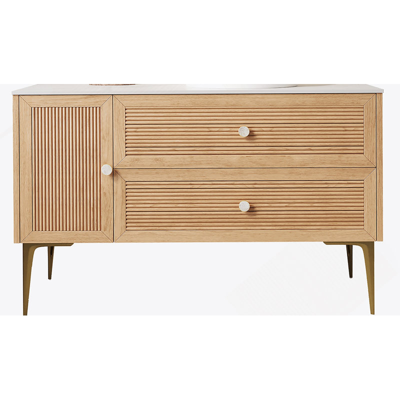 Armoire de salle de bain autoportante 48 po avec comptoir en pierre frittée blanc de Carrare, deux tiroirs et une porte (PAS de lavabo)