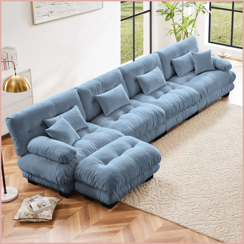 Canapé modulaire convertible en L en chenille avec repose-pieds, Blue, 35.4" H x 173.2" W x 59.6" D