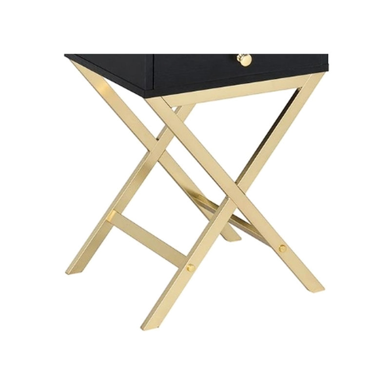 Rectangular Accent Table With 1 Drawer, Black Top And Brass Finish Metal Trestle Base, Black, Gold