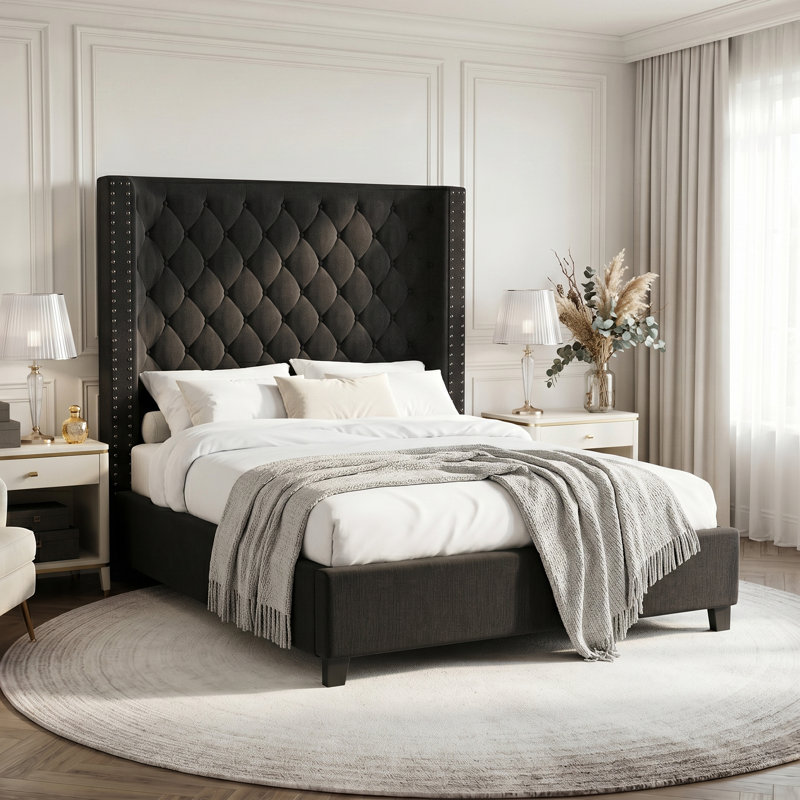 Charette Upholstered Wingback Bed, Queen, Dark Gray