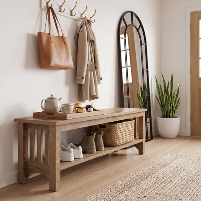 63 Inch Long Shoe Bench with Lower Open Shelf, Farmhouse Entryway Storage Bench