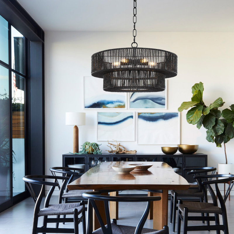 Caytlen 21.65" 5-Light Dimmable Hand-Woven Drum Chandelier, Black
