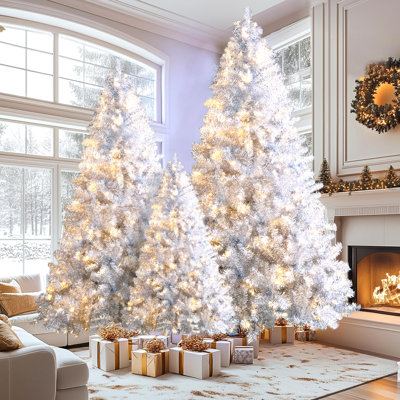 Ensemble d'arbre de Noël articulé artificiel 7,4 pi, 6 pi, 4 pi avec sapin de Noël avec 2400 branches, 850 lumières DEL, 11 modes d'éclairage, décoration des Fêtes pour la maison, le bureau et l'école