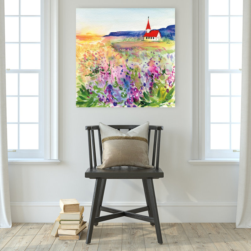 Petite montagne, église, paysage contemporain abstrait, impression d'art mural, 32" H x 32" W