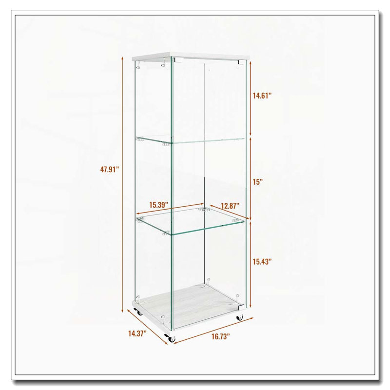 Vitrine moderne en verre avec lumières DEL et roulettes, Blanc