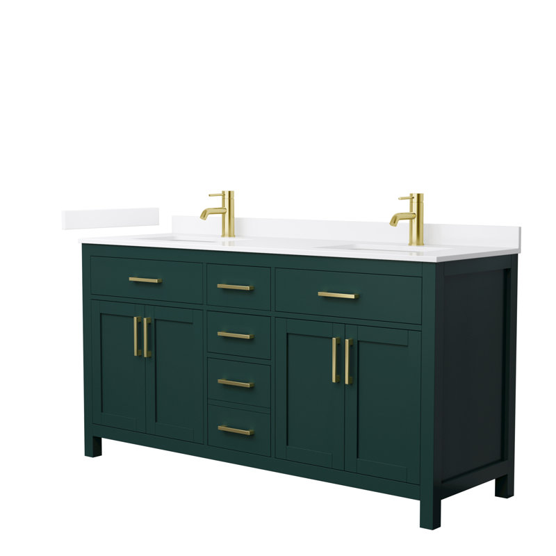Beckett 66" Freestanding Double Bathroom Vanity with Quartz Top, Green, Brushed Gold, White Quartz